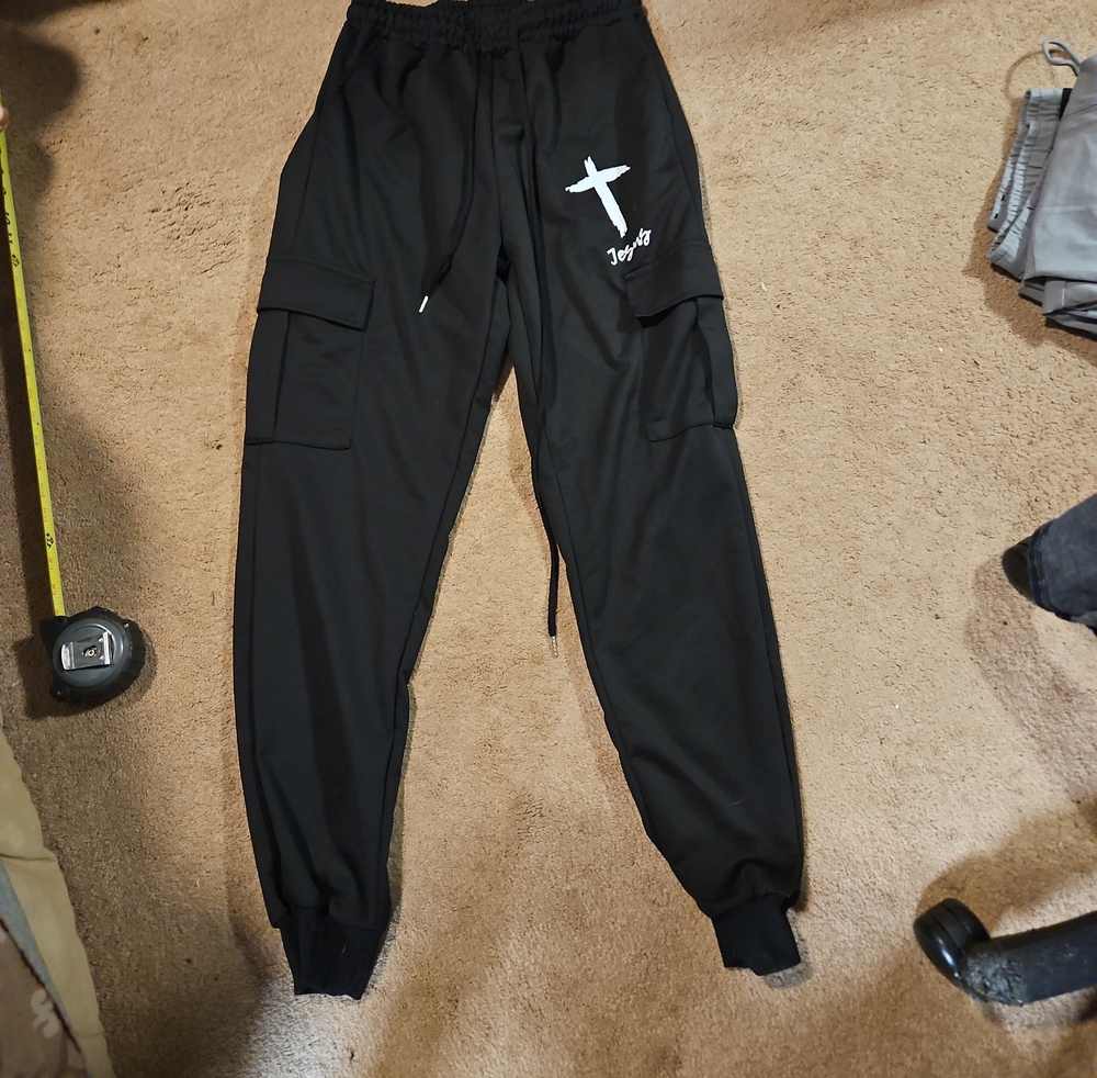 Black Cargo Joggers with White Cross Graphic